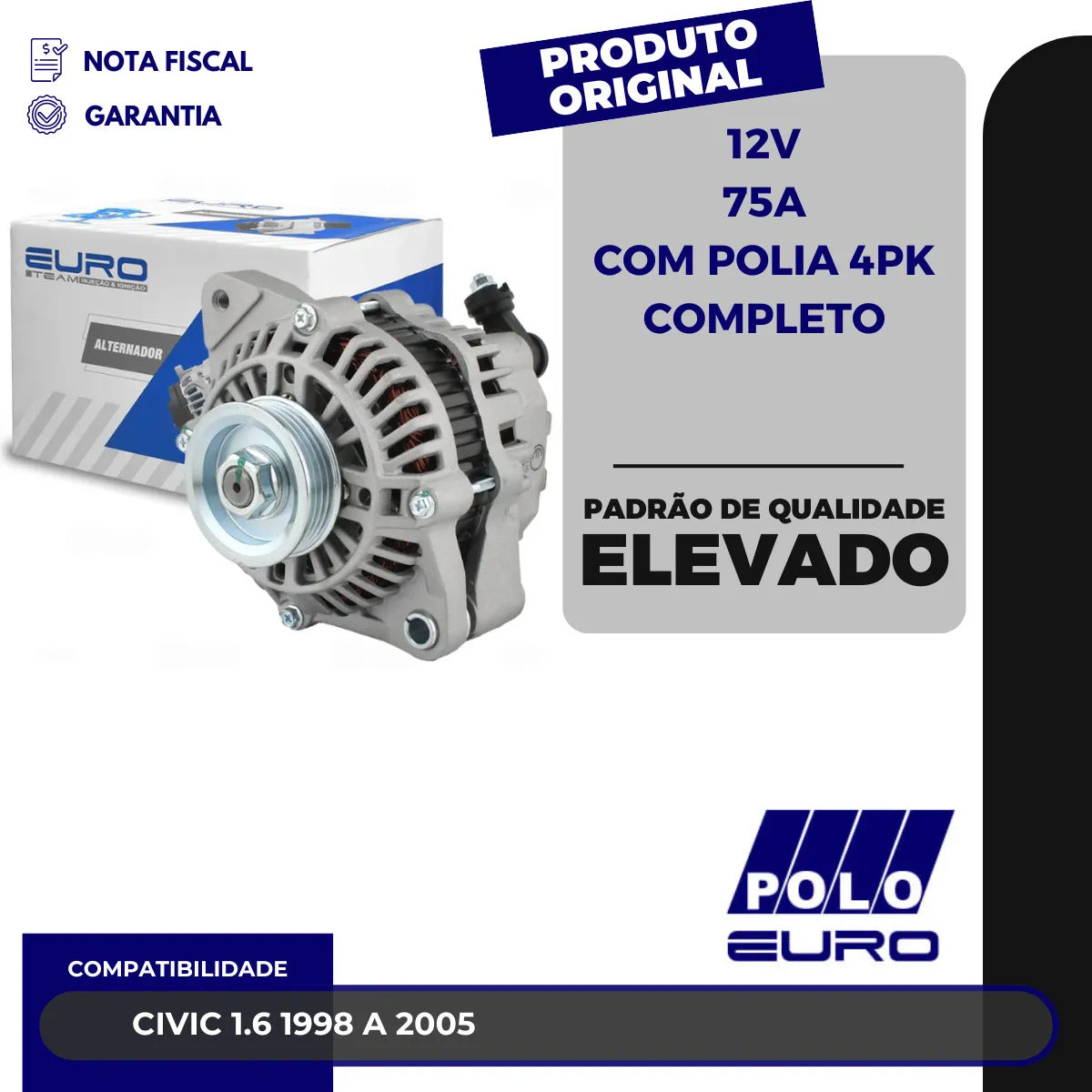 Alternador Civic 1.6 1998 A 2005 12v75a Com Polia 4pk