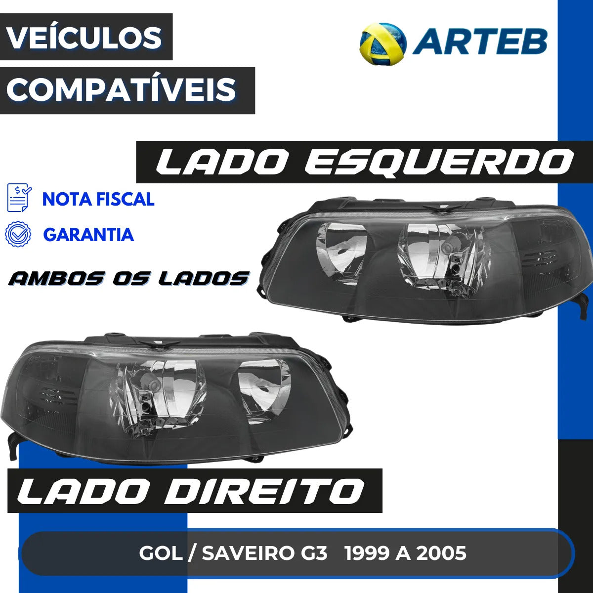 Farol Vw Gol Saveiro G3 1999 A 2005 Máscara Negra Arteb