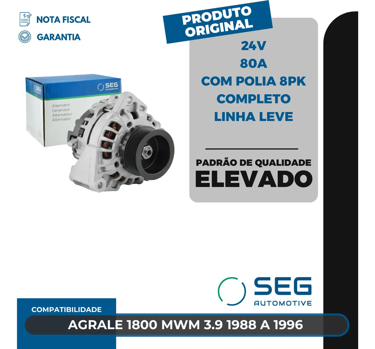 Alternador Agrale 1800 Mwm 3.9 24v 80a Com Polia 8pk