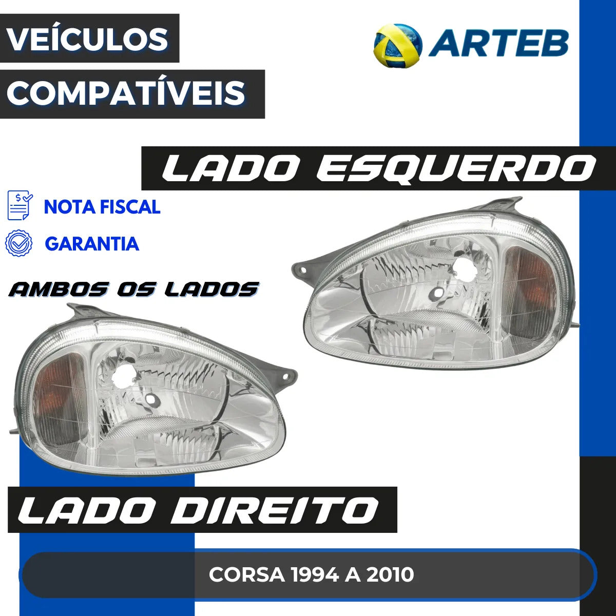 Farol Corsa 1994 A 2010 Lente Lisa Vidro Carcaca Cinza Arteb