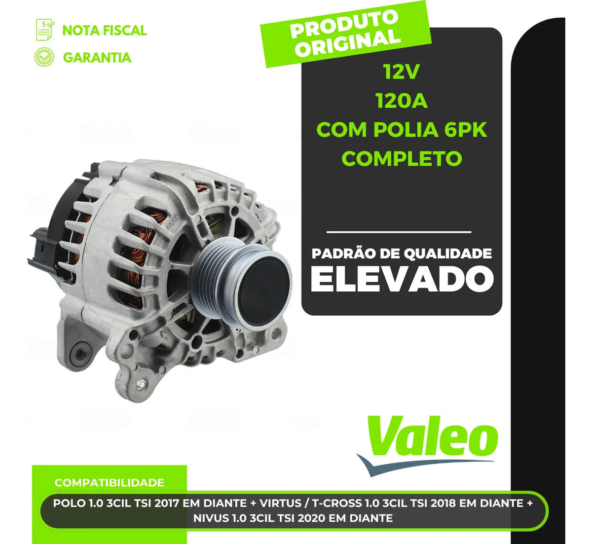 Alternador Nivus Polo T-cross Virtus 12v 120a Com Polia 6pk