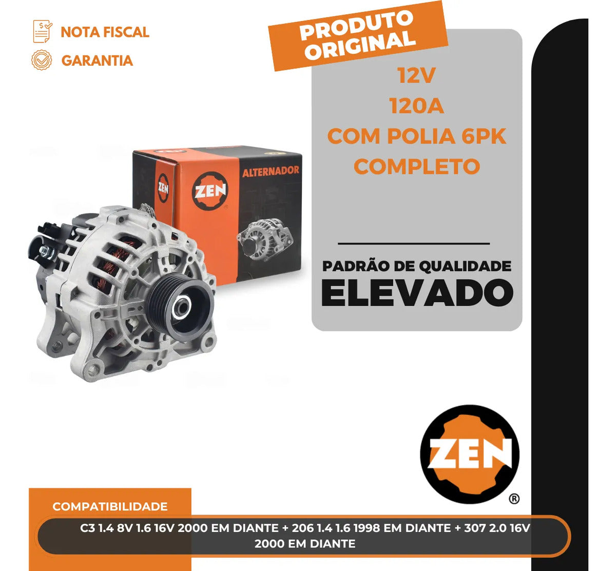 Alternador C3 206 307 1.4 1.6 2.0 12v 120a Com Polia 6pk