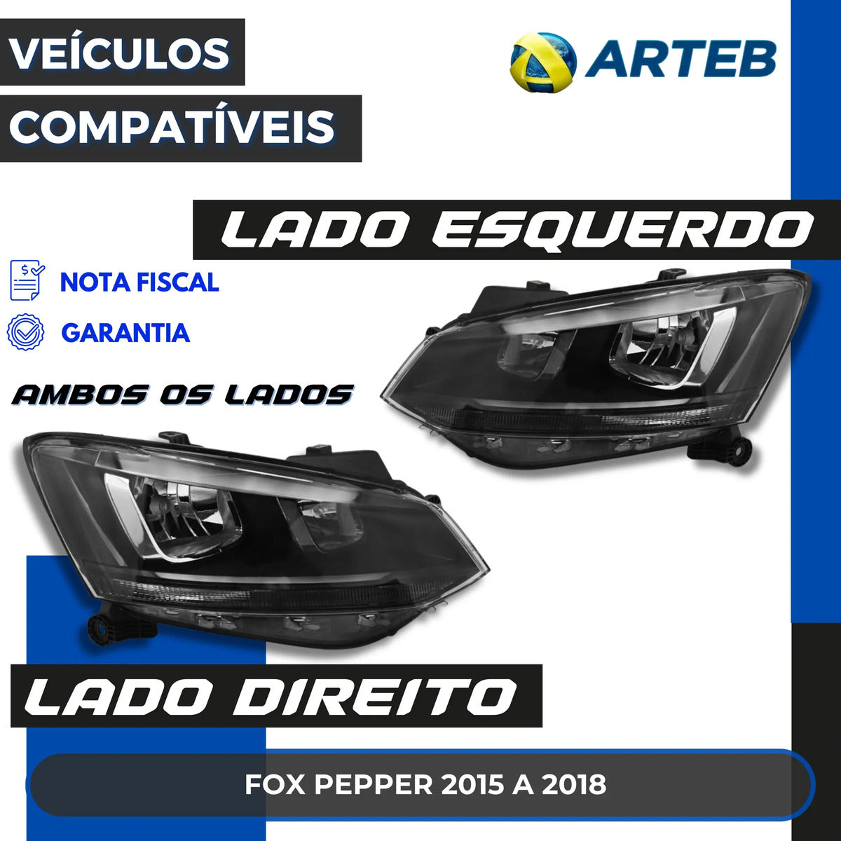 Farol Fox 2015 A 2018 Foco Duplo Máscara Negra H7 H1 Arteb