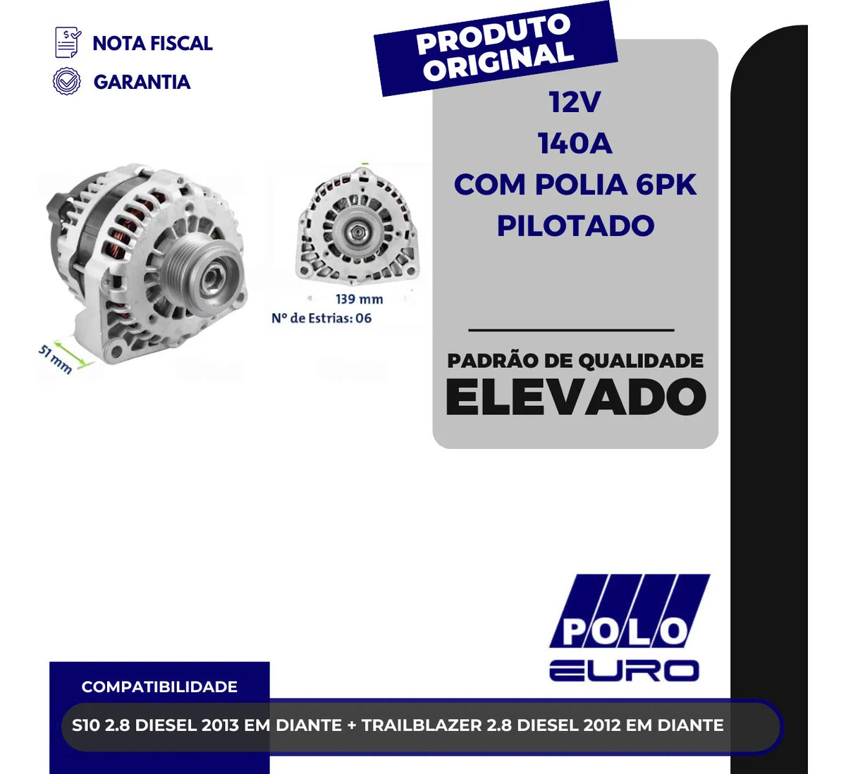 Alternador Euro 70039 12v 140a Blazer/s10 2.8 Diesel 12v 140