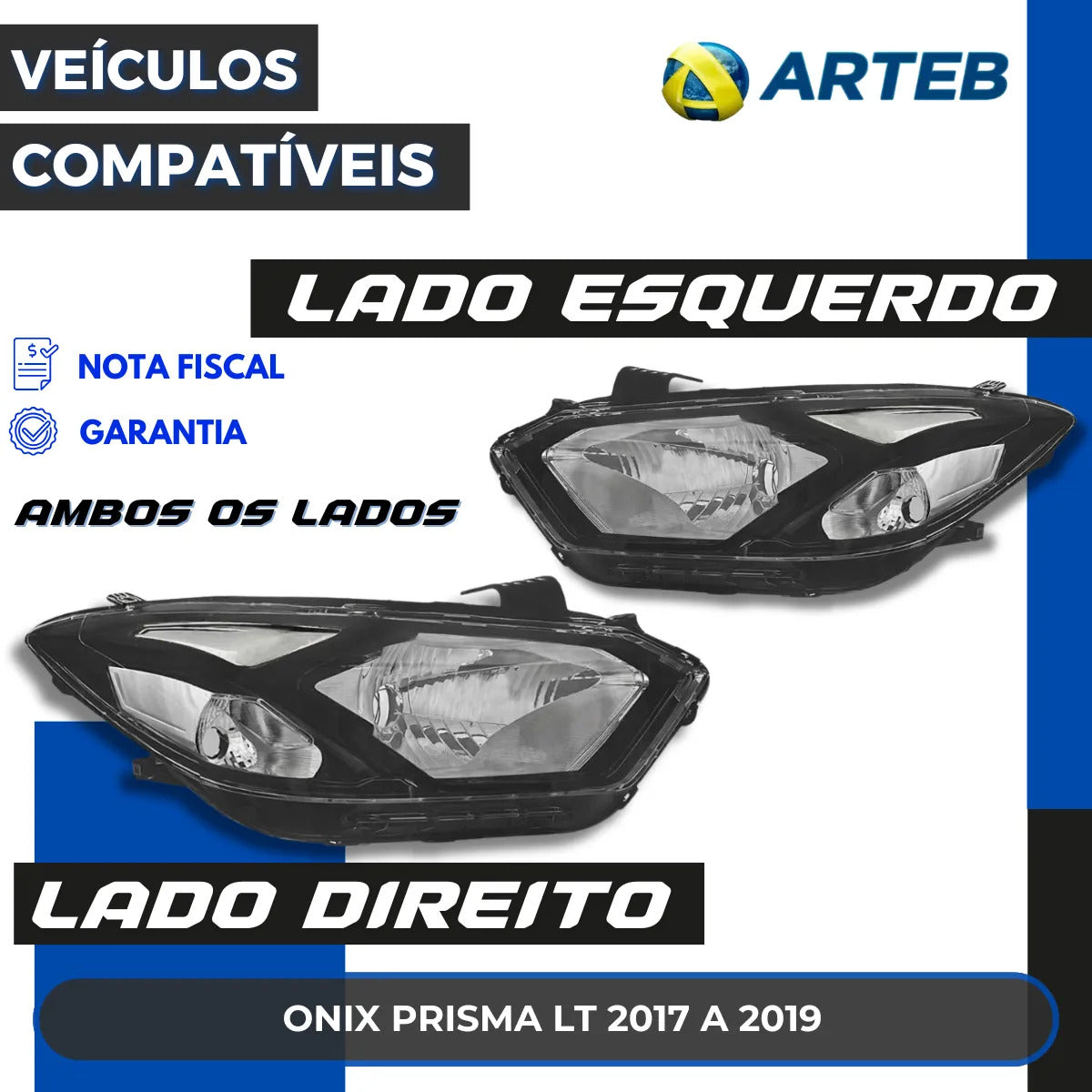 Farol Gm Onix E Prisma 2017 2018 2019 Máscara Negra Arteb