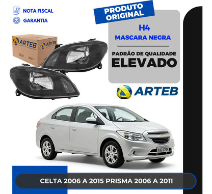 Farol H4 Gm Celta Prisma 2006 A 2011 Máscara Negra Arteb