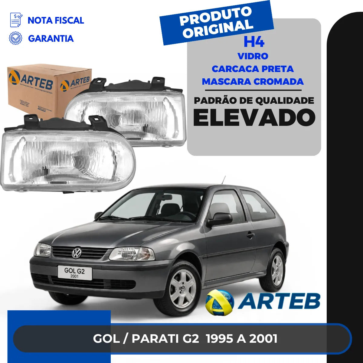 Farol Gol G2 1994 A 2005 Máscara Cromada Carcac Preta Arteb