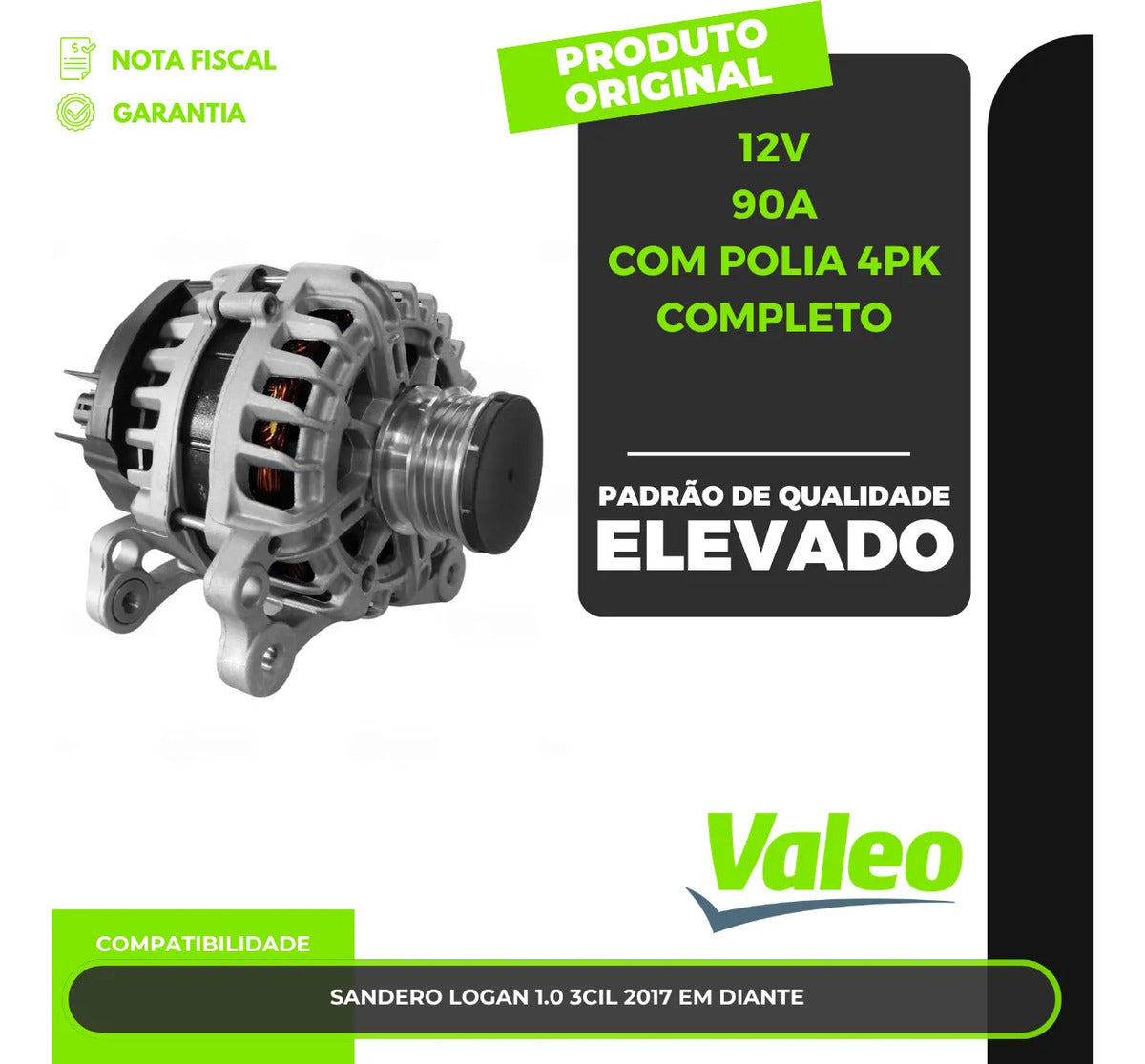 Alternador Valeo Andero Logan 1.0 2016-2023 12v 90a Completo
