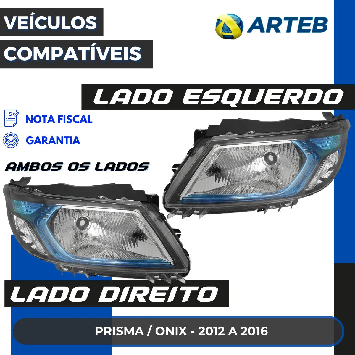 Farol Gm Onix Prisma 2012 13 14 2015 2016 Máscara Azul Arteb