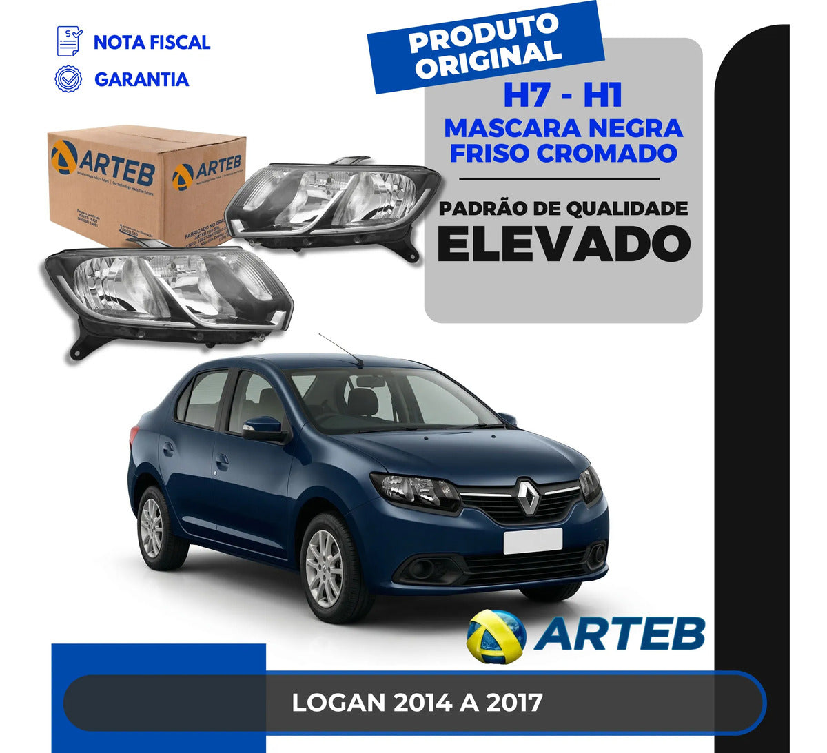 Farol Foco Duplo Másc Negra Logan Sandero 14 A 19 H7 Arteb