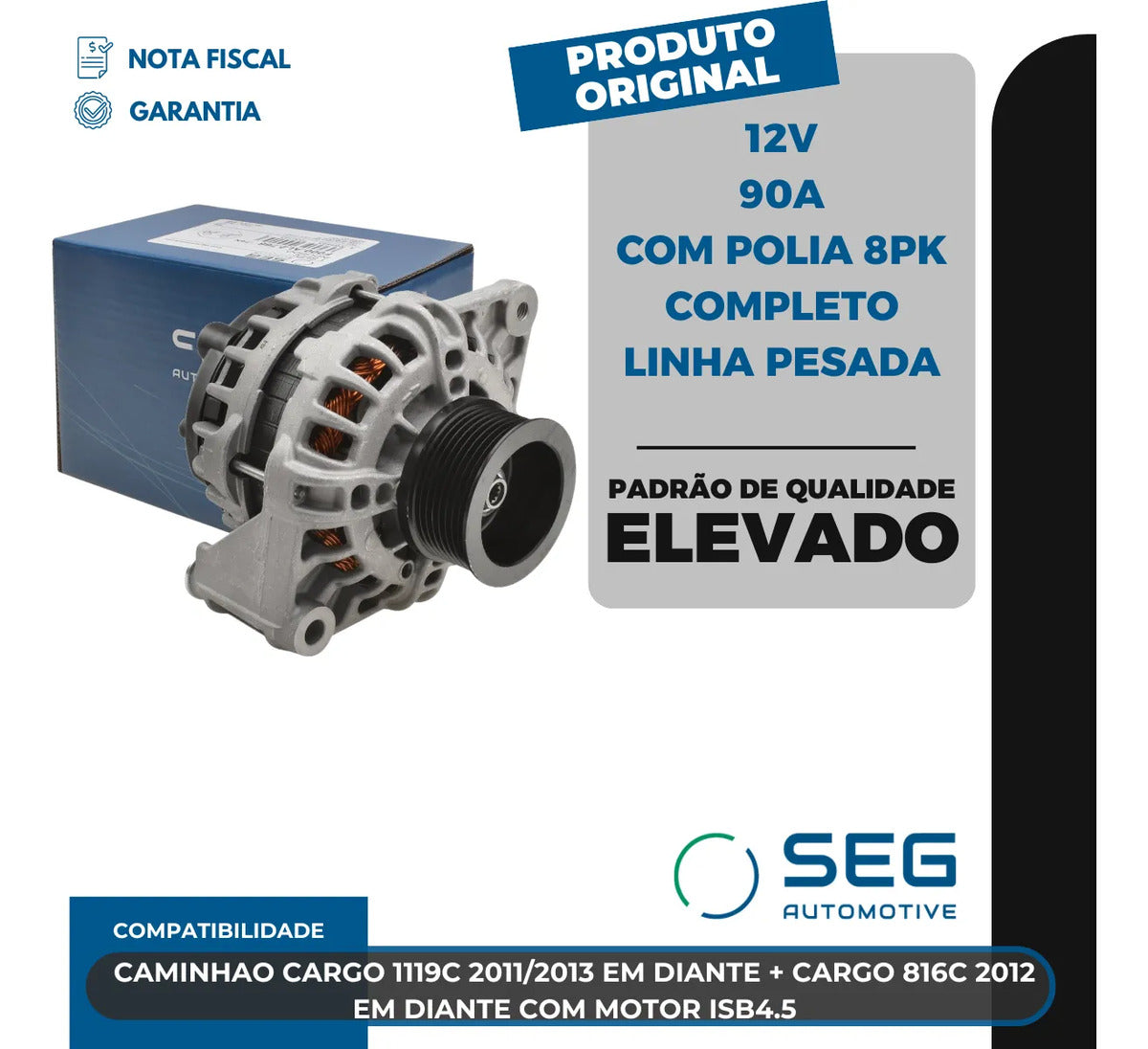 Alternador Cargo 1119c 816c Isb4.5 12v 90a Com Polia 8pk