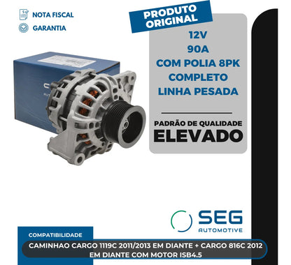Alternador Cargo 1119c 816c Isb4.5 12v 90a Com Polia 8pk