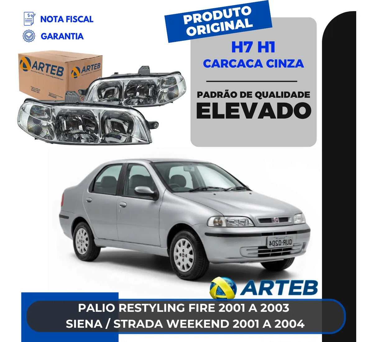 Farol Fiat Siena 2001 2002 2003 2004 Carcaça Cinza Arteb