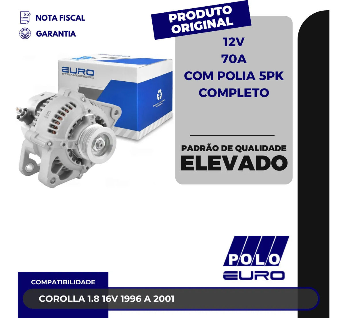 Alternador Corolla 1.8 16v 1996 A 2001 12v 70a Com Polia 5pk