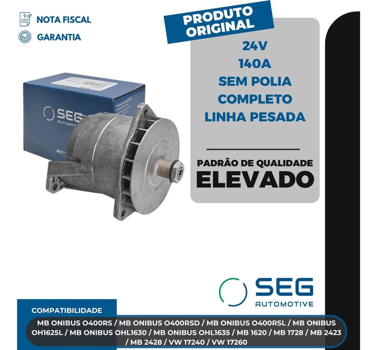 Alternador Mb O400 Oh1625 Vw 17240 24v 140a Sem Polia