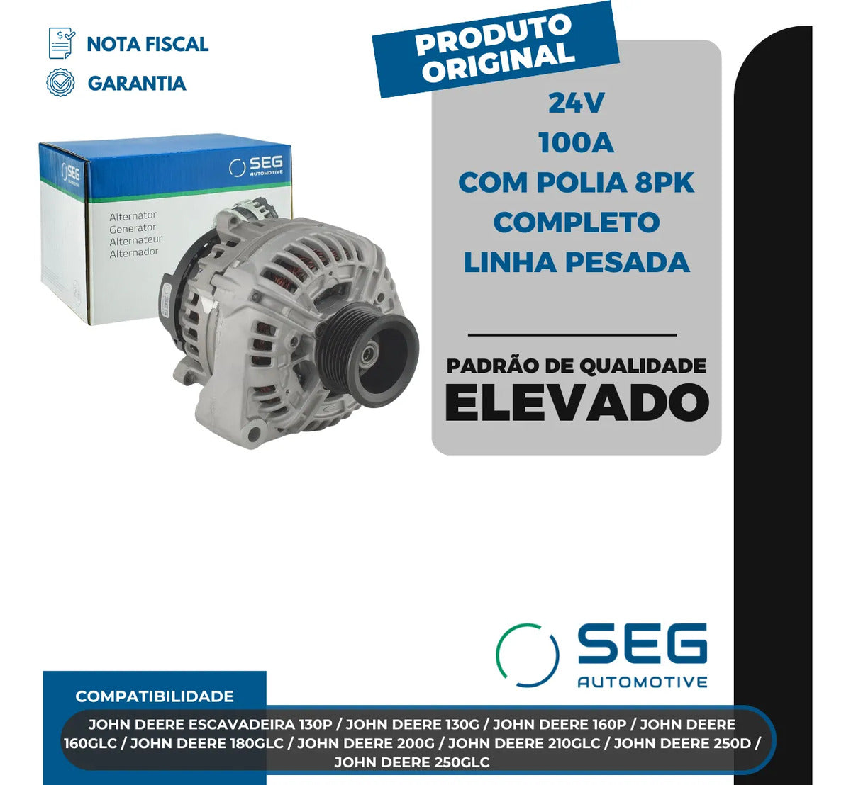 Alternador Escavadeira John Deere 24v 100a 130g 210glc