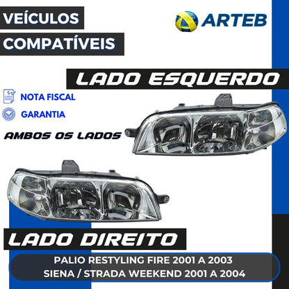 Farol Fiat Siena 2001 2002 2003 2004 Carcaça Cinza Arteb
