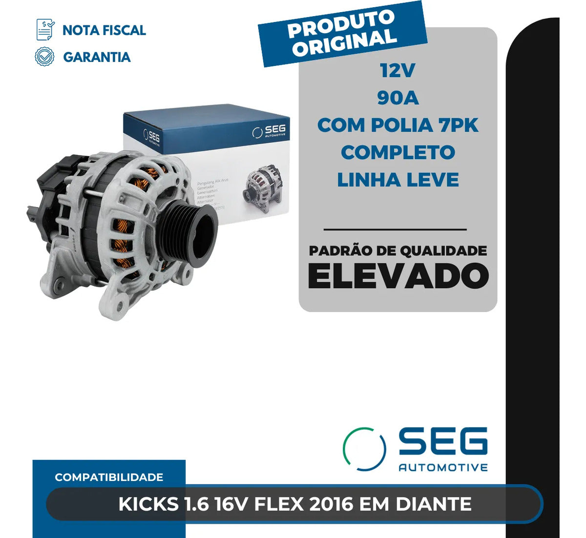 Alternador Nissan Kicks 1.6 Flex 90a 2016 Com Polia 7pk