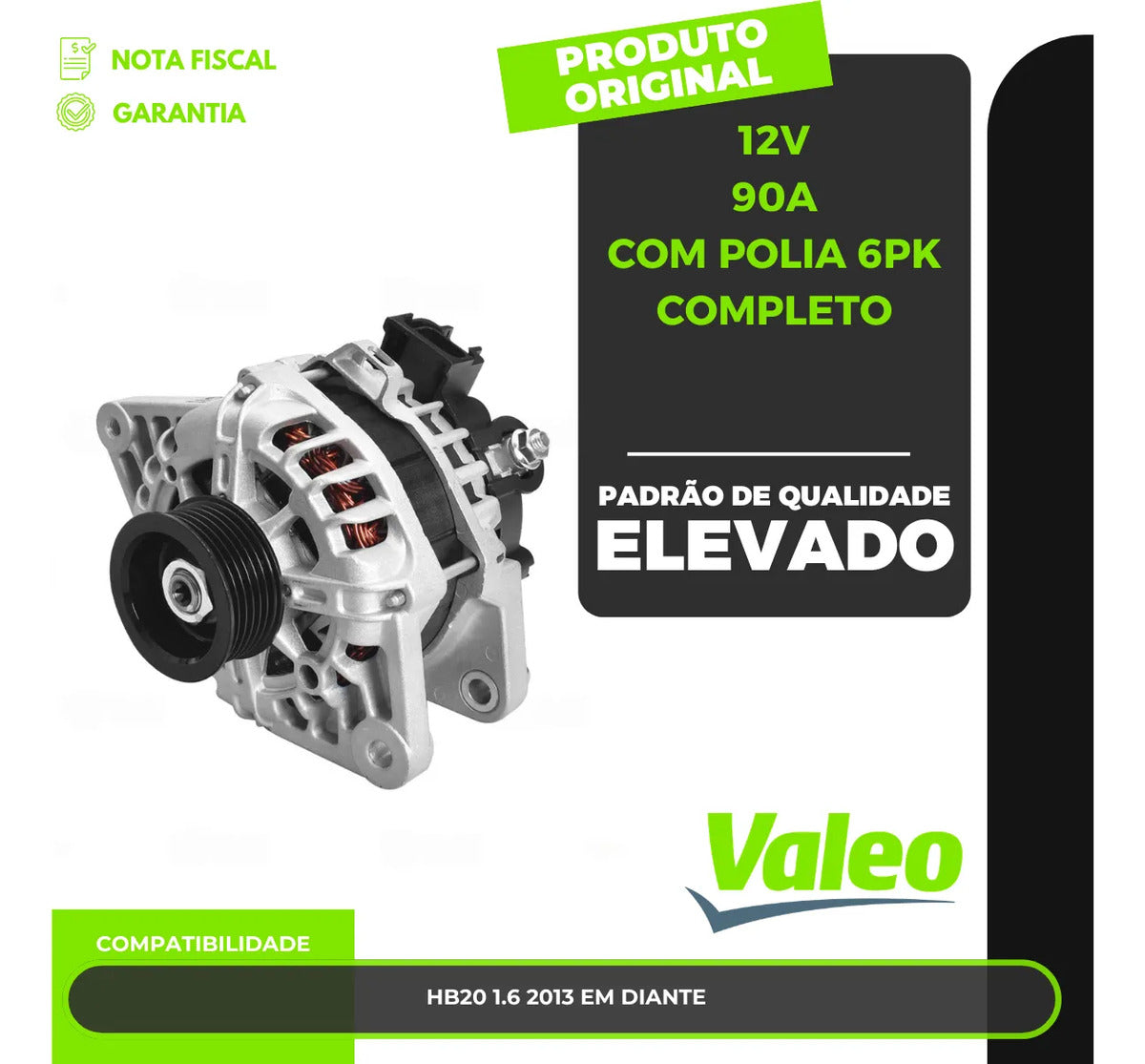 Alternador Hb20 1.6 2013 Em Diante 12v 90a Com Polia 6pk