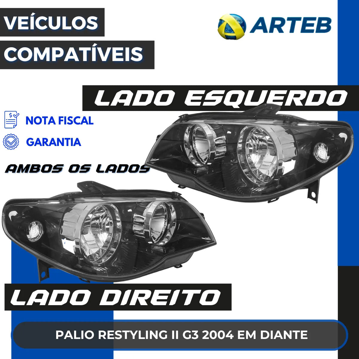 Farol Fiat Palio Restyling Ii 2004 Diante Máscar Negra Arteb
