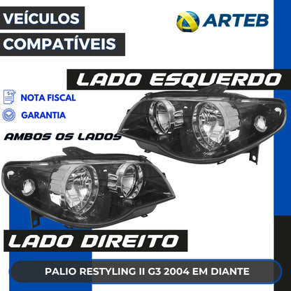 Farol Fiat Palio Restyling Ii 2004 Diante Máscar Negra Arteb