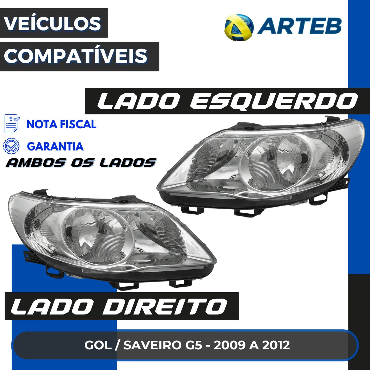 Farol Vw Gol G5 2008 A 2013 Foco Duplo Defletor Malha Arteb