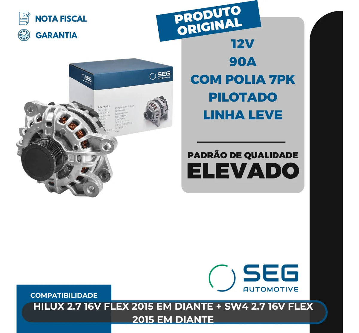 Alternador Hilux Sw4 2.7 Flex 12v 90a 2015 Com Polia 7pk