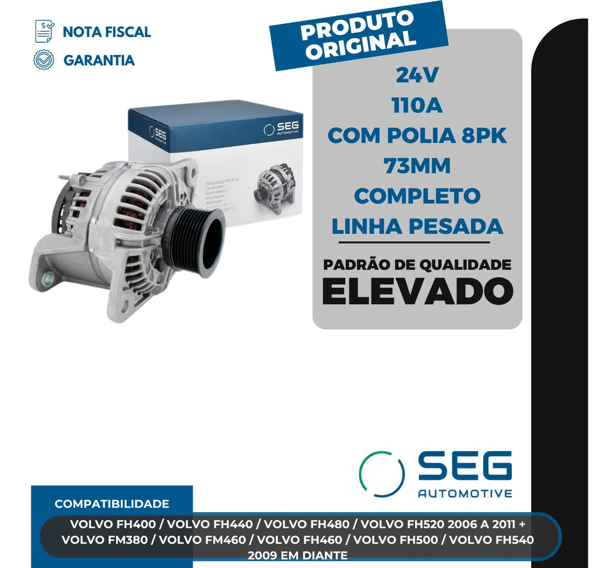 Alternador Volvo Fh Fm 24v 110a 2006 A 2011 Com Polia 8pk