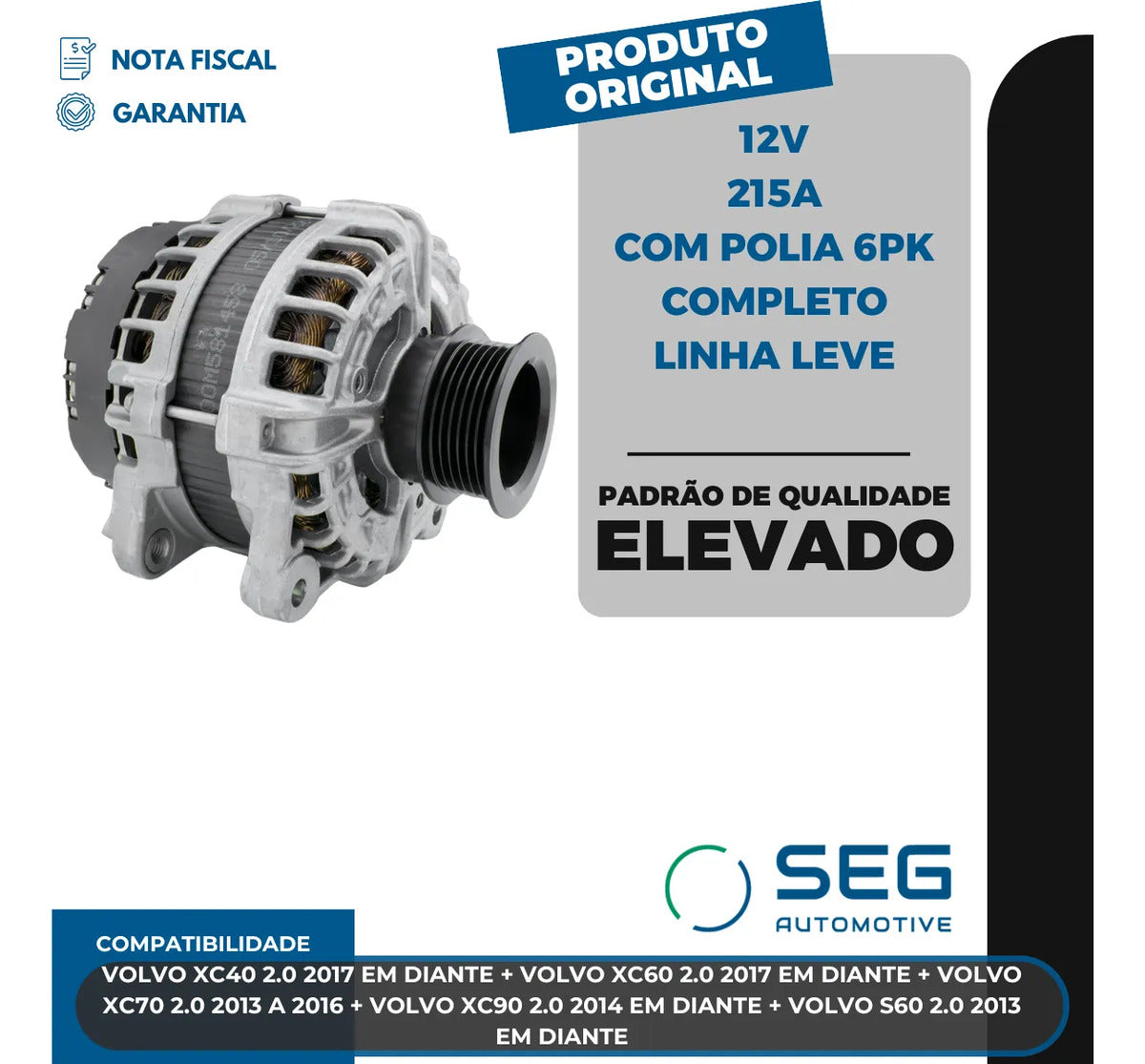 Alternador Volvo Xc40 Xc60 Xc90 2.0 215a 2013 Com Polia 6pk