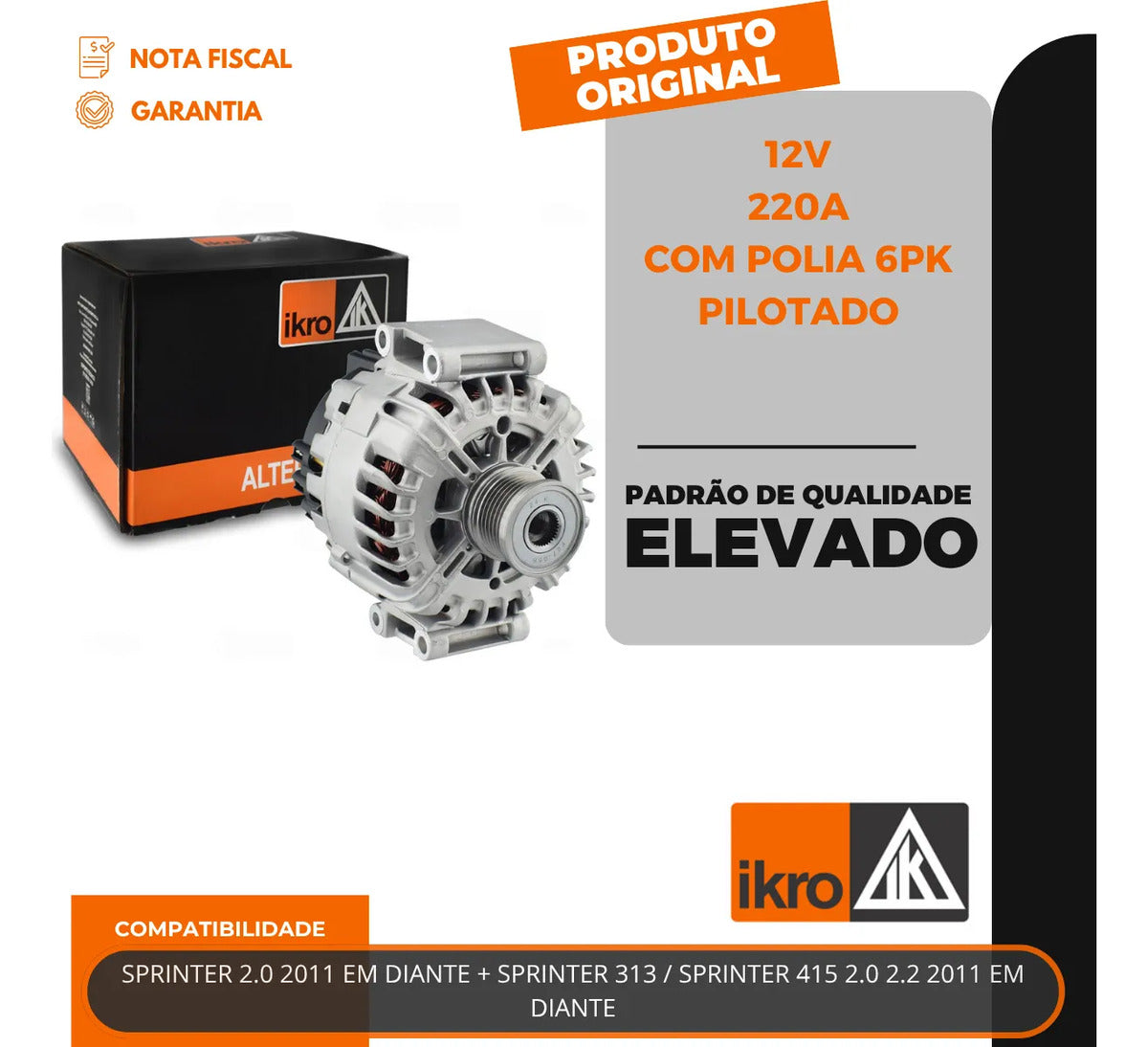 Alternador Sprinter 2.0 2.2 220a 12v Com Polia 6pk  Pilotado
