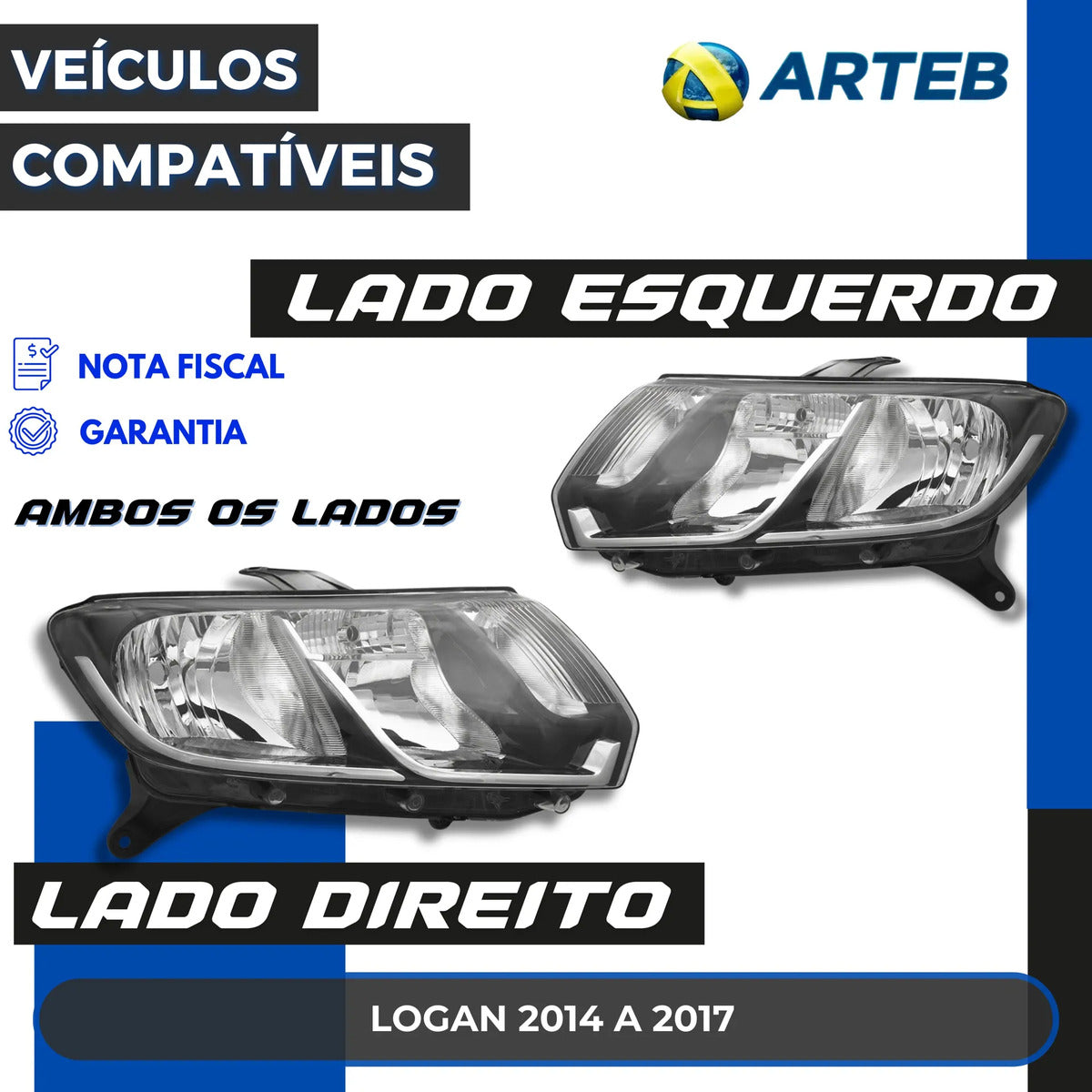 Farol Foco Duplo Másc Negra Logan Sandero 14 A 19 H7 Arteb