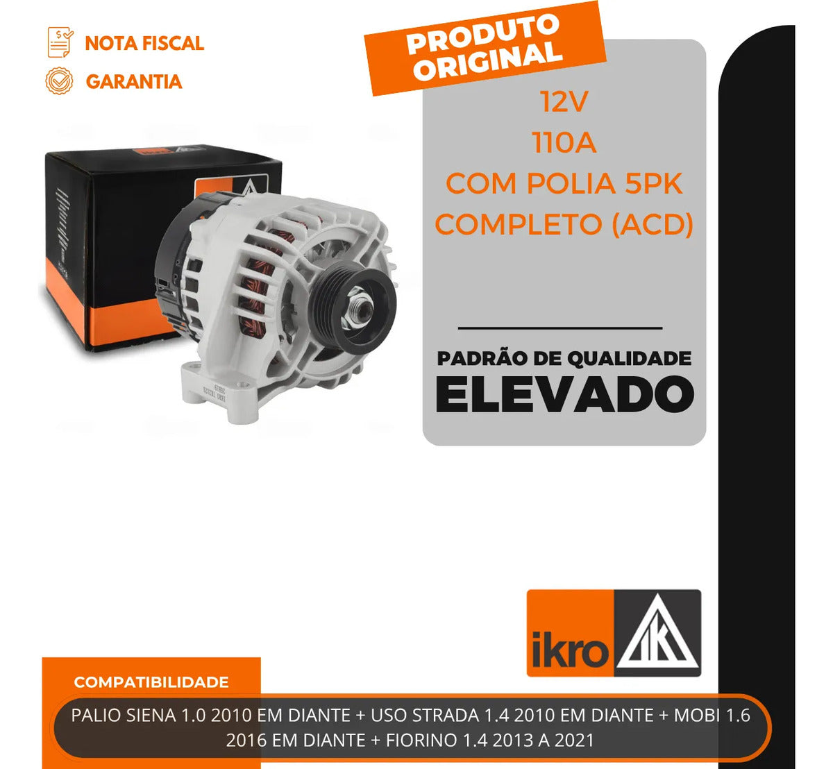 Alternador Palio Siena Uno Strada Mobi 110a 12v Com Polia 5p