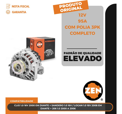 Alternador Clio Sandero Logan 206 1.0 12v 95a Com Polia 3pk