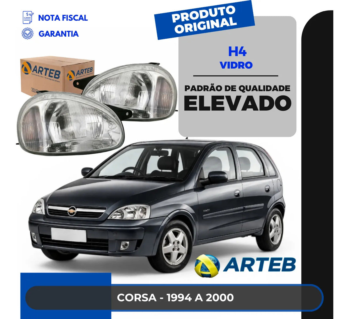 Farol Corsa 1994 95 1996 1997 1998 1999 2000 H4 Vidro Arteb