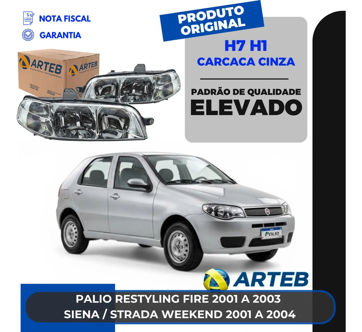 Farol Fiat Palio Restyling 2001 A 2003 Carcaça Cinza Arteb