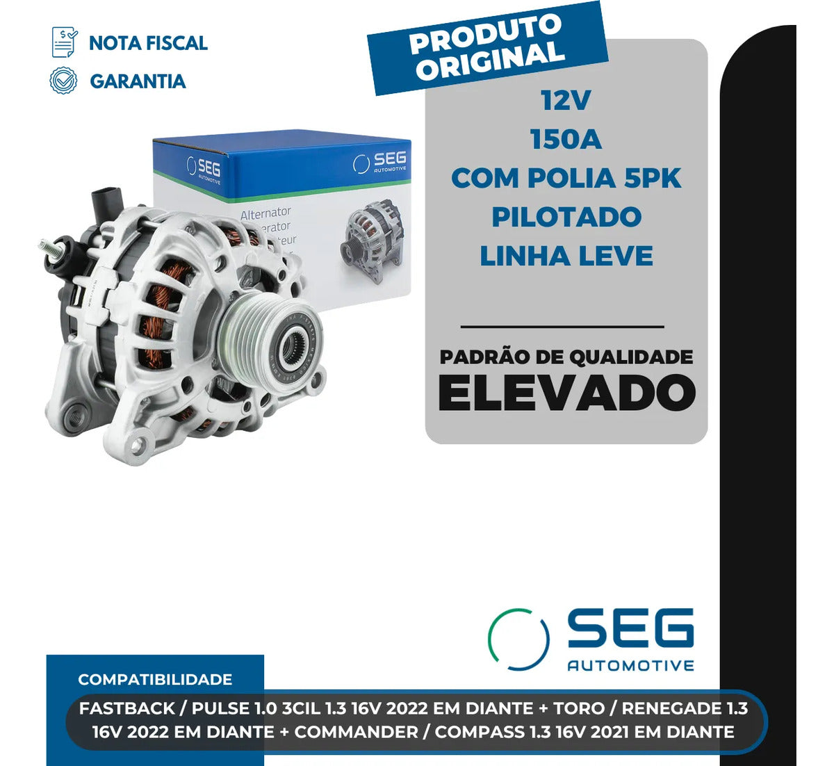 Alternador Toro Compass Renegade 1.3 150a 2021 Com Polia 5pk