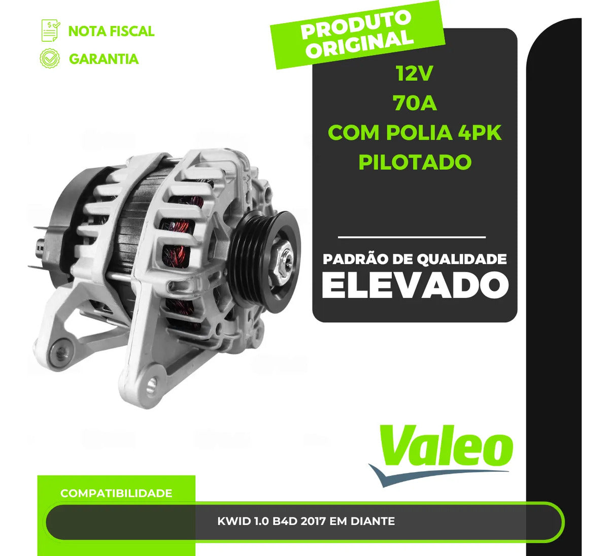 Alternador Compatível Renault Kwid 3cil 2017+ 12v 70a 4pk