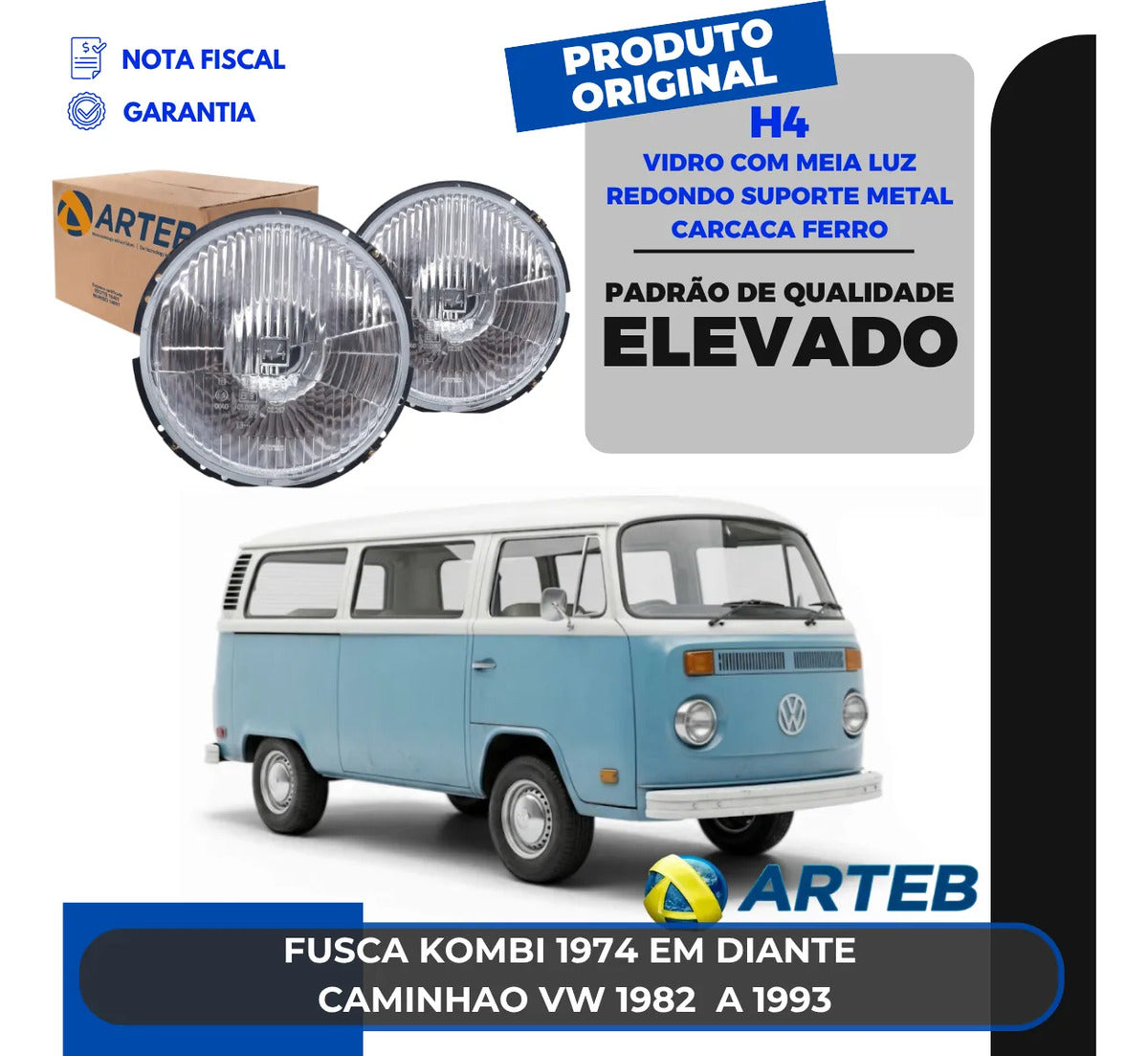 Farol Fusca Kombi 1974 Diante Arteb H4 Vidro C/ Meia Luz