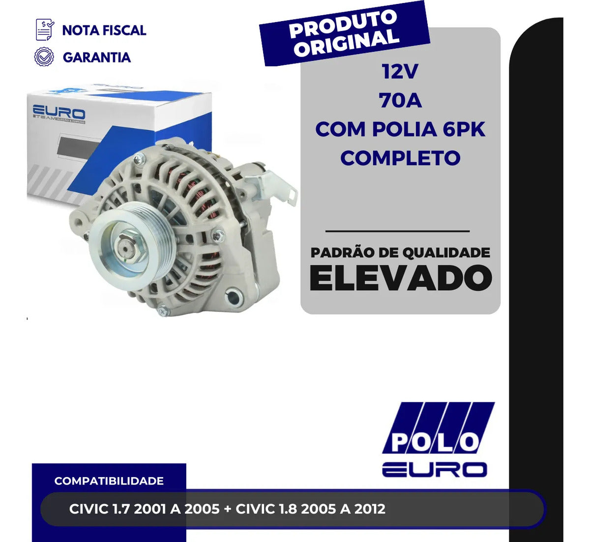 Alternador Civic 1.7 1.8 2001 A 2012 12v 70a Com Polia 6pk