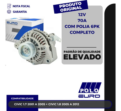 Alternador Civic 1.7 1.8 2001 A 2012 12v 70a Com Polia 6pk