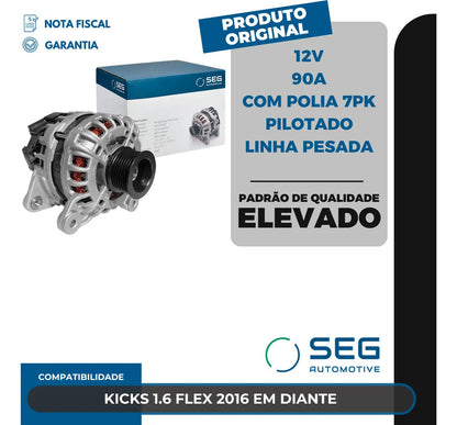 Alternador Nissan Kicks 1.6 Flex 12v 90a 2016 Com Polia 7pk