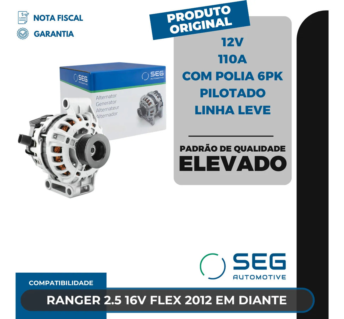 Alternador Ranger 2.5 Flex 110a 12v 2012 Em Diante Polia 6pk
