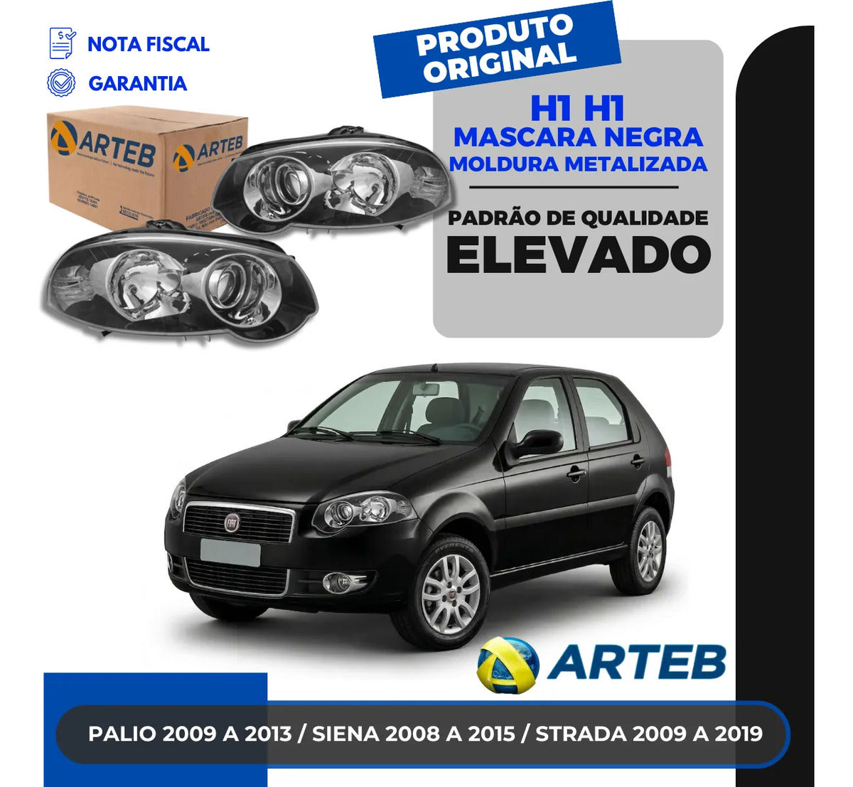 Farol Palio 10 A 20 Máscar Negra Moldura Cromada Duplo Arteb