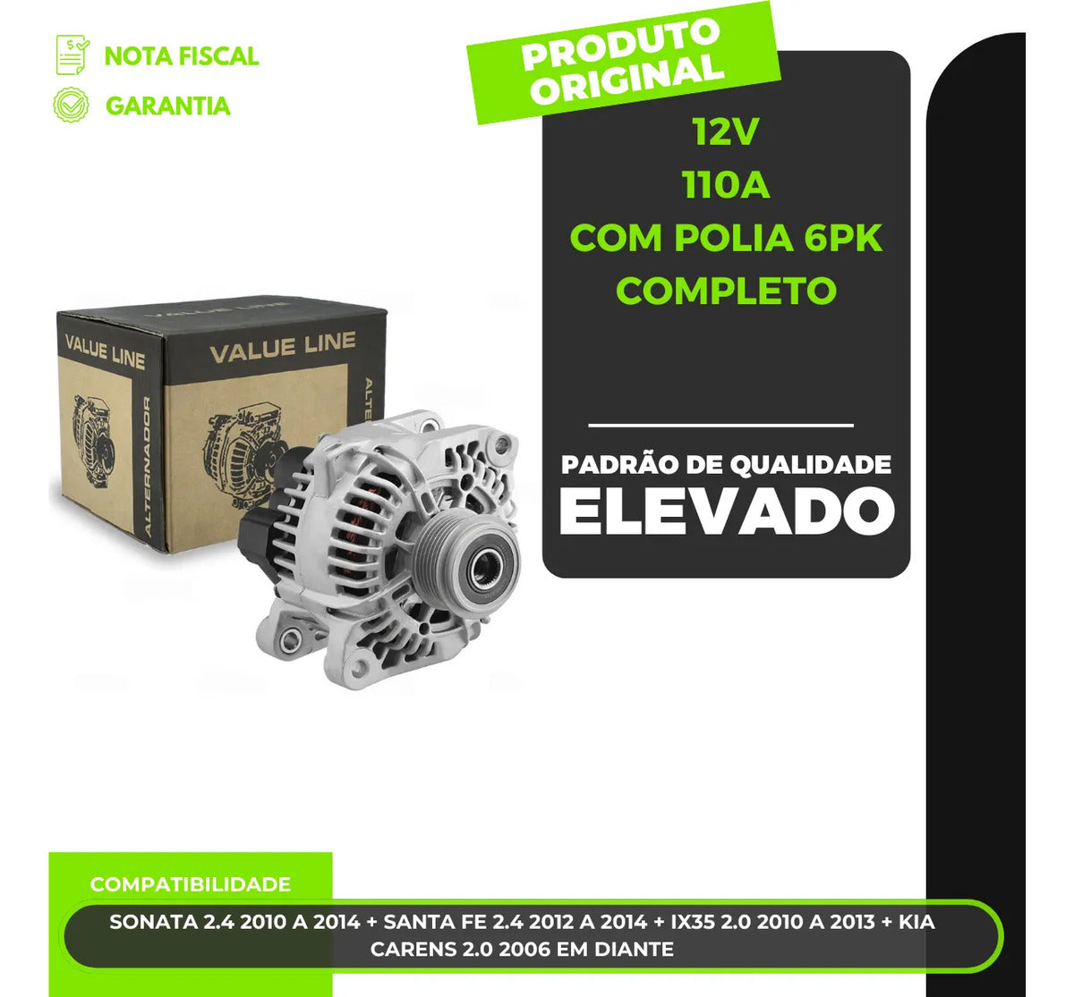 Alternador Sonata Santa Fe Ix35 Carens 2.0 2.4 12v 110a 6pk