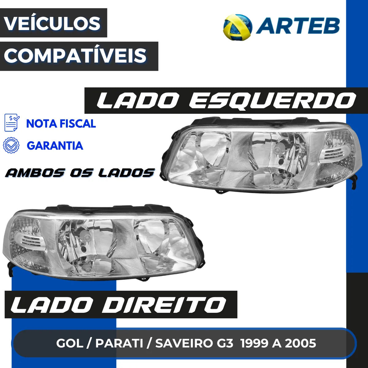 Farol Cromado Duplo Saveiro G3 1999 00 01 02 03 04 05 Arteb
